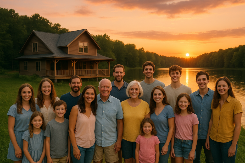 photo d'une famille de 16 personnes alors que nous sommes 24, au bord de la rivière et de la maison de mes grand parents