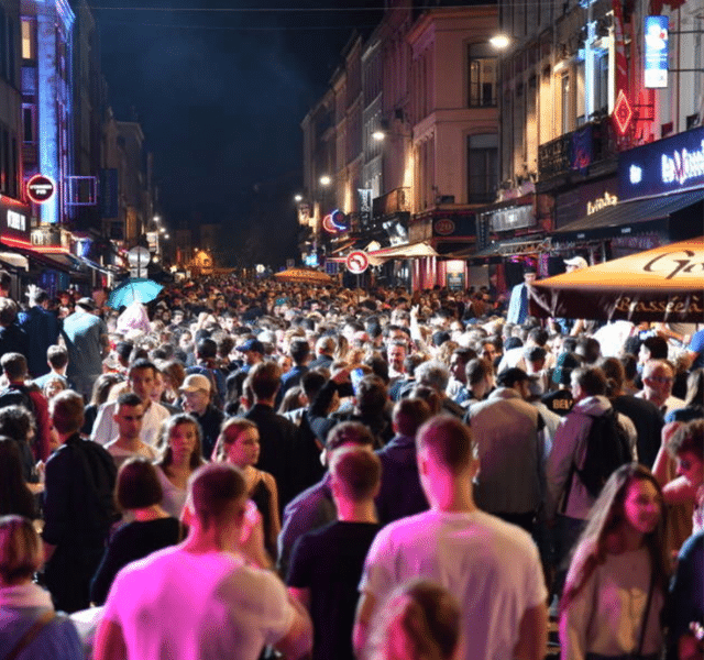 C'est une photo de foule à la rue Masséna pendant la Braderie de Lille le soir .