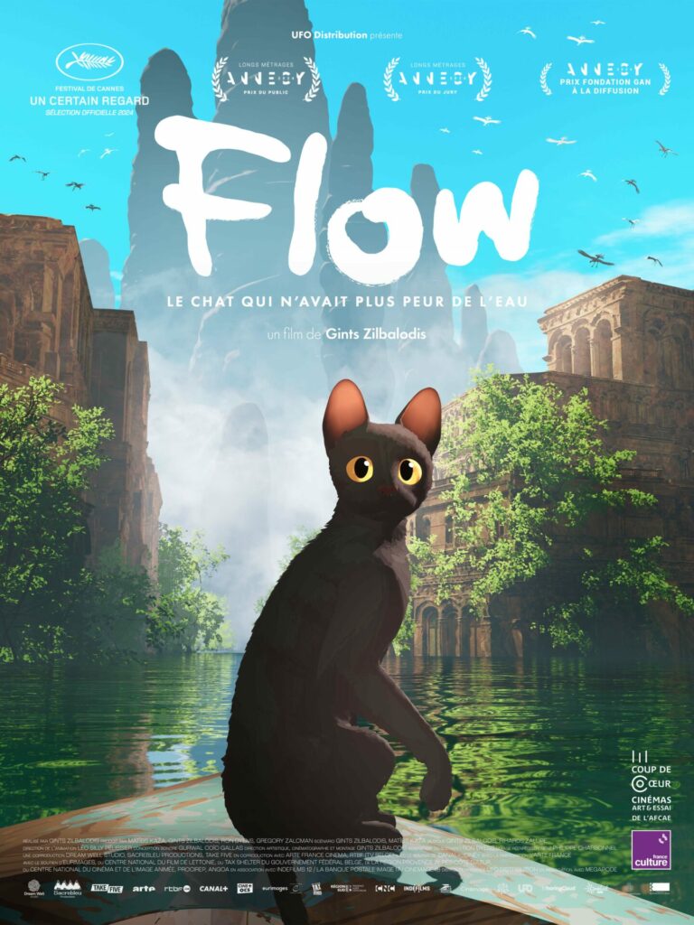Affiche d'un film d'animation nommé "Flow" avec un chat noir fait avec Blender oscarisé