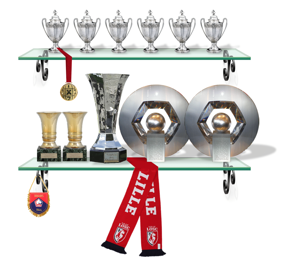 Image trophée du LOSC 11 trophée En haut : coupe de France En bas à droite et à gauche : Champion de France En bas au milieu : trophée des champions